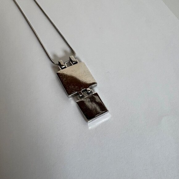 Black Double Square Pendant Necklace Silver Tone Snake Chain Minimalist Modern - Picture 5 of 8